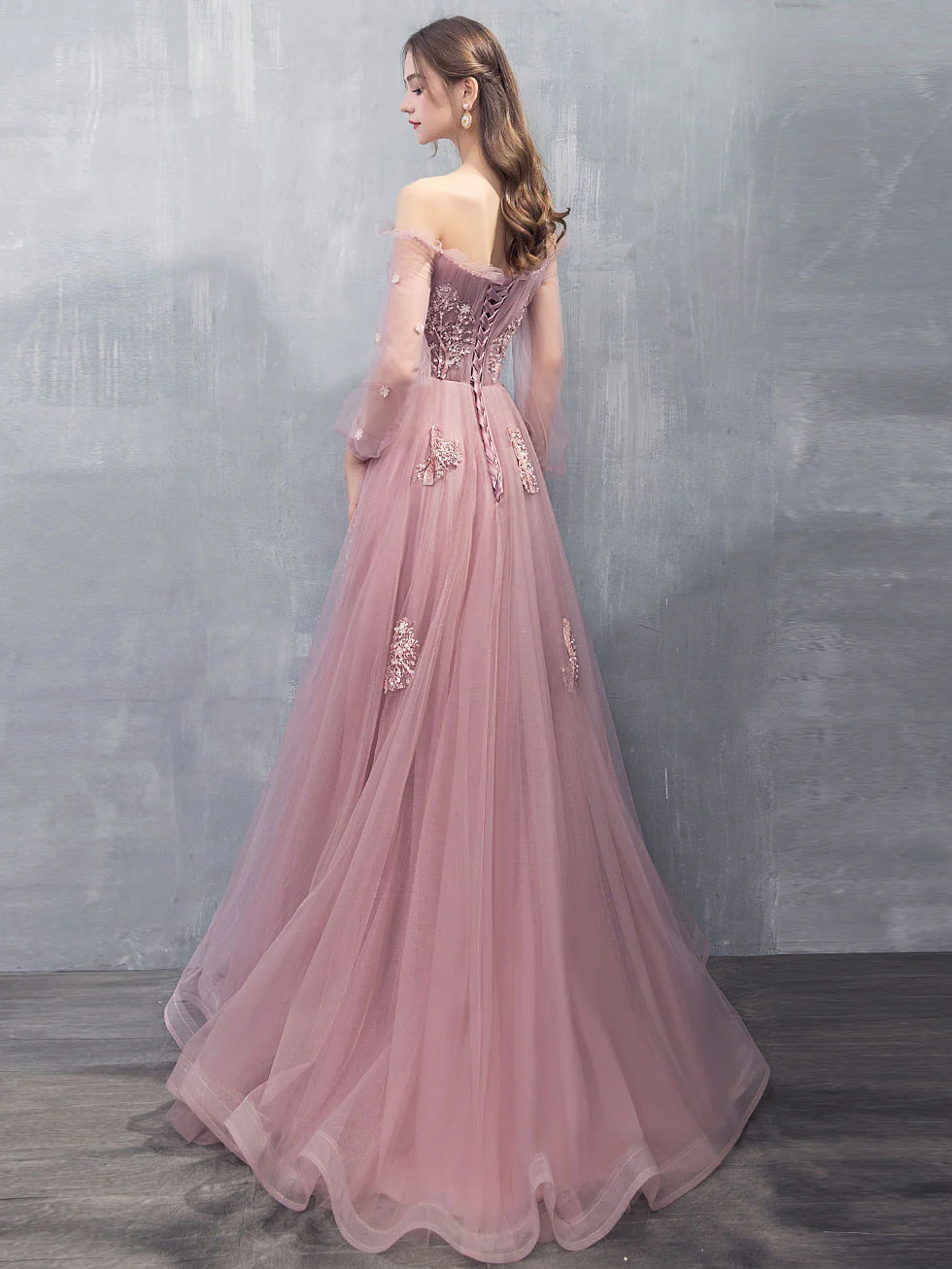 Pink A-line Tulle Lace Long Prom Dress Pink Lace Evening Dress - Deanwangkt