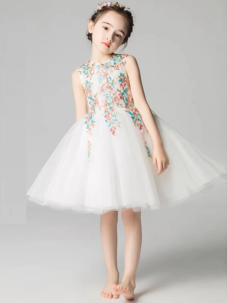 A-Line Tulle Lace Applique Short White Flower Girl Dress - Deanwangkt