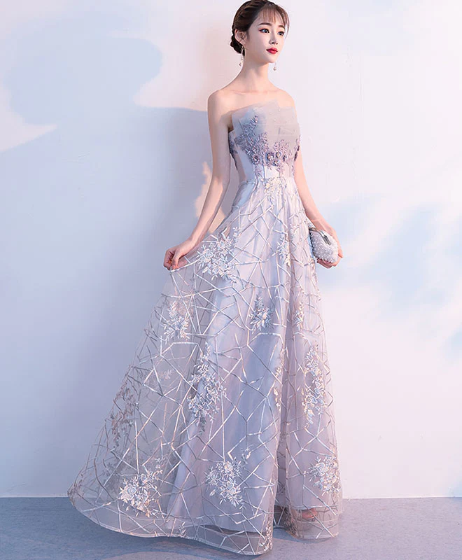 Gray Tulle Lace Long Prom Dress, Gray Tulle Evening Dress - Deanwangkt