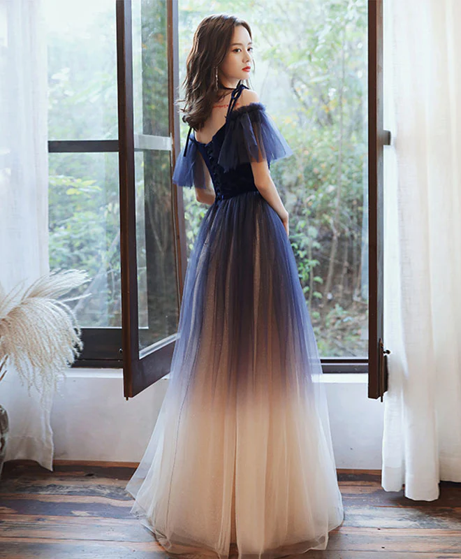 Blue Sweetheart Tulle Off Shoulder Long Prom Dress Blue Evening Dress - Deanwangkt