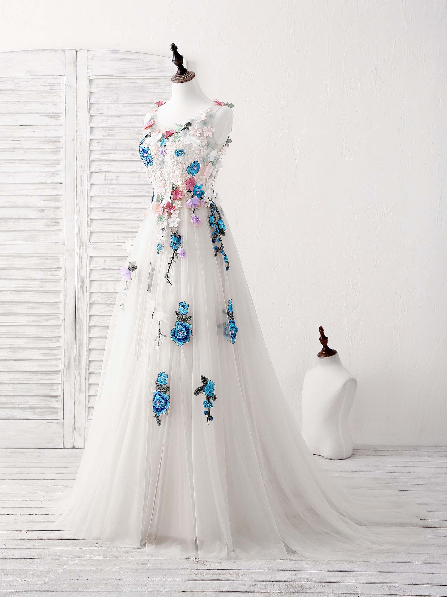 Tulle Lace Applique Long Prom Dress, Ivory Evening Dress - Deanwangkt