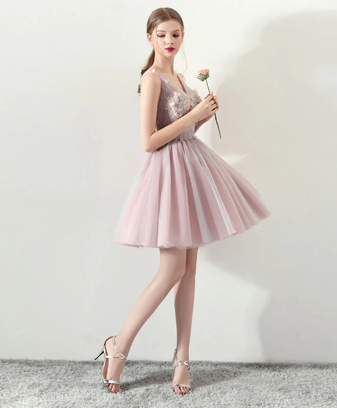 Cute V Neck Tulle Short Prom Dress, Pink Homecoming Dress - Deanwangkt