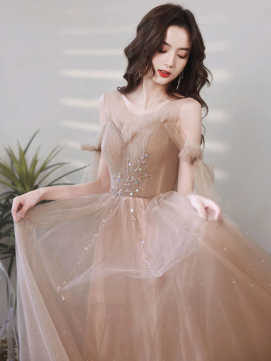 A line Tulle Beads Champagne Long Prom Dress, Champagne Graduation Dresses - Deanwangkt