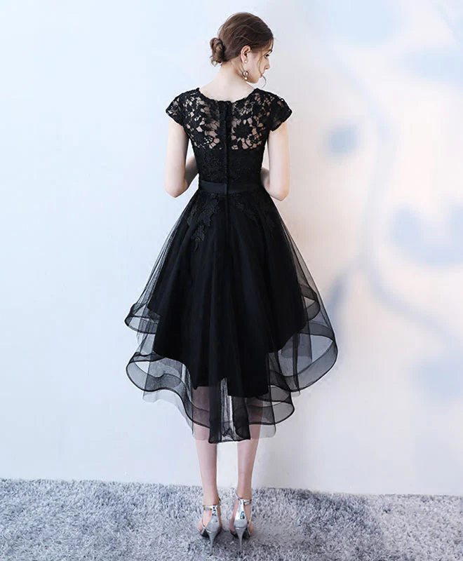 Black Lace Short Prom Dress, Hight Low Evening Dress - Deanwangkt