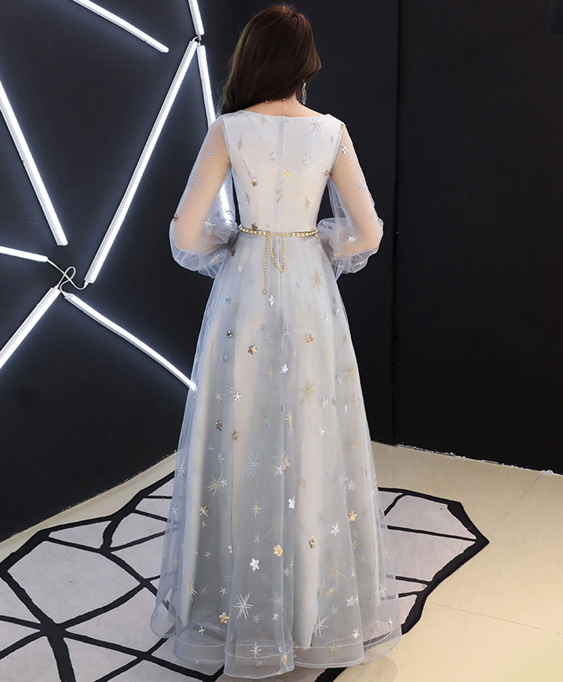 Gray V Neck Tulle Lace Long Prom Dress, Gray Tulle Evening Dress - Deanwangkt