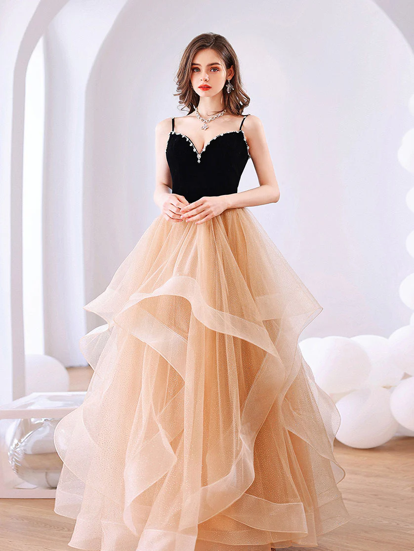 Champagne Tulle Long Prom Dresses, Champagne Tulle Formal Graduation Dresses - Deanwangkt
