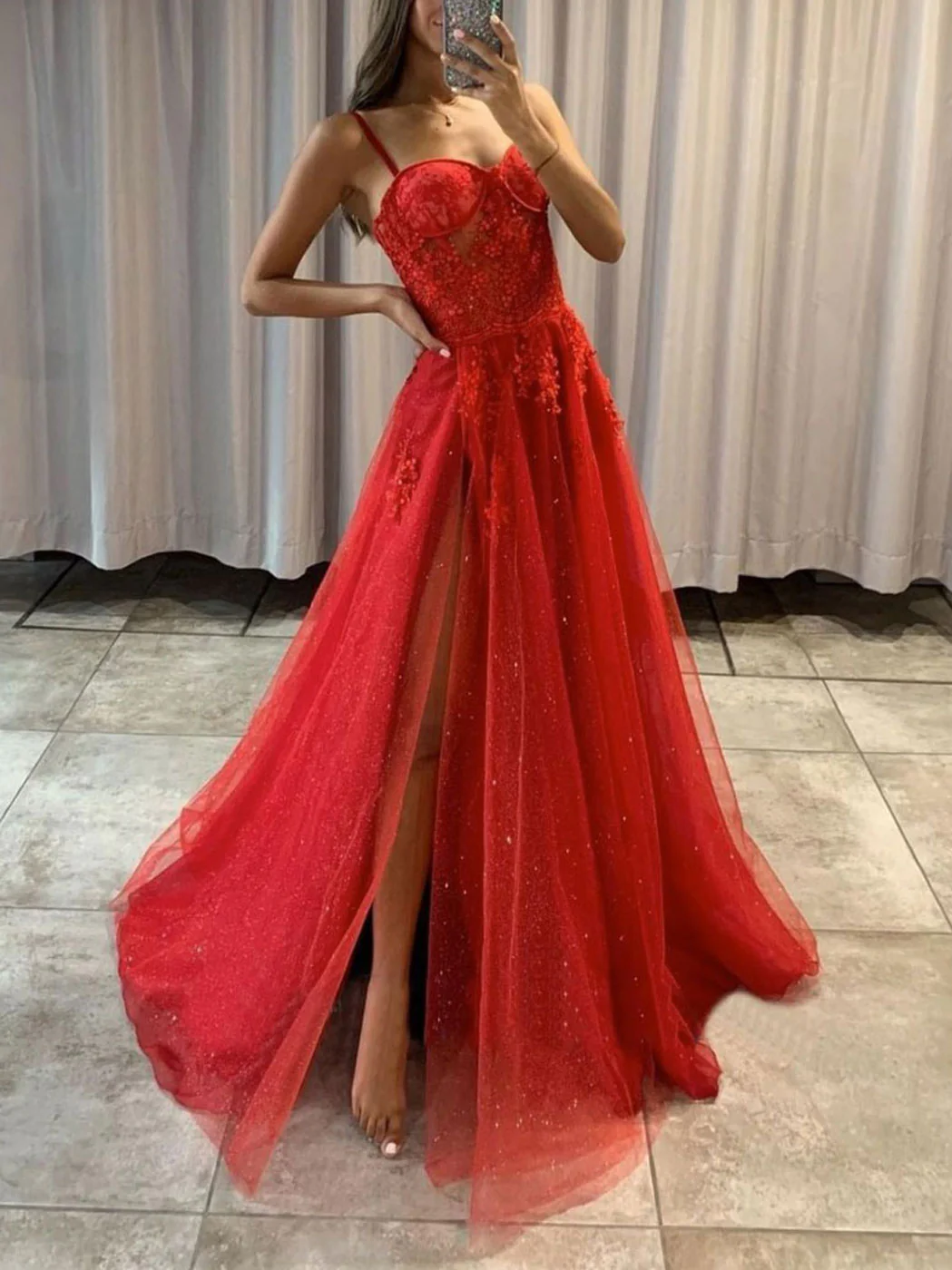 Red Sweetheart Neck Tulle A line Prom Dress, Red Tulle Formal Dresses - Deanwangkt