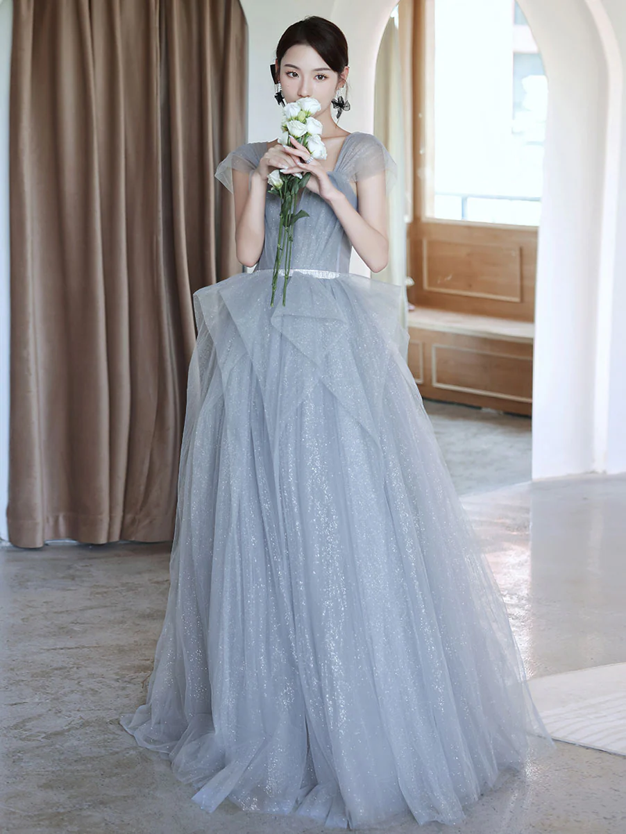 Gray Tulle Off Shoulder Long Prom Dress, Gray Tulle Formal Dress - Deanwangkt