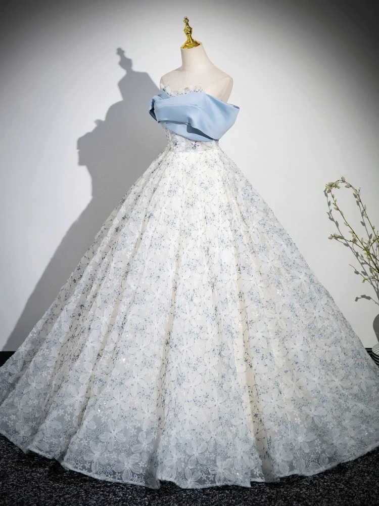 A-line Off Shoulder Tulle Lace Blue Long Prom Dress, Blue Long Formal Dress - Deanwangkt