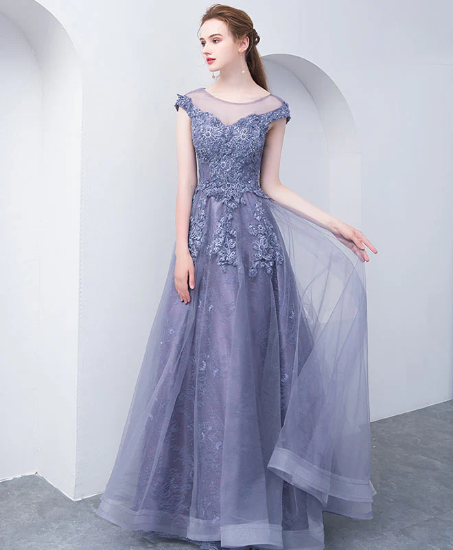 Gray Blue Round Neck Tulle Lace Long Prom Dress, Gray Blue Evening Dress - Deanwangkt
