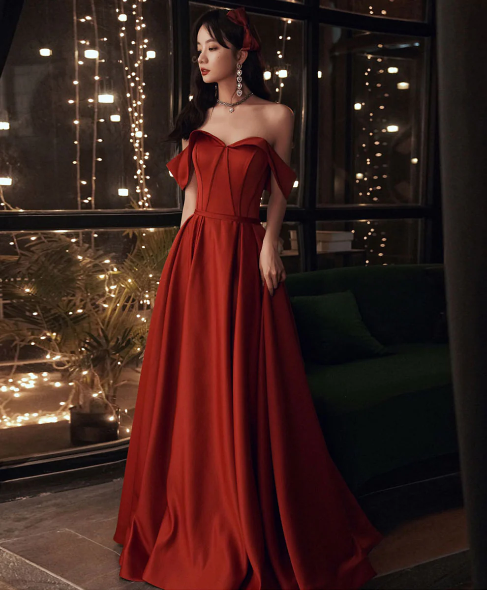 Simple Red Satin Long Prom Dress, Burgundy Formal Graduation Dresses - Deanwangkt
