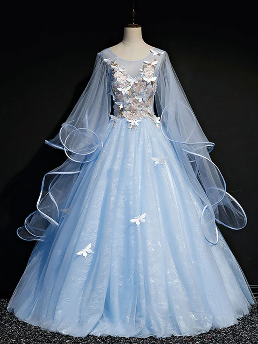 Blue Round Neck Tulle Lace Long Prom Dresses, Blue Sweet 16 Dresses - Deanwangkt