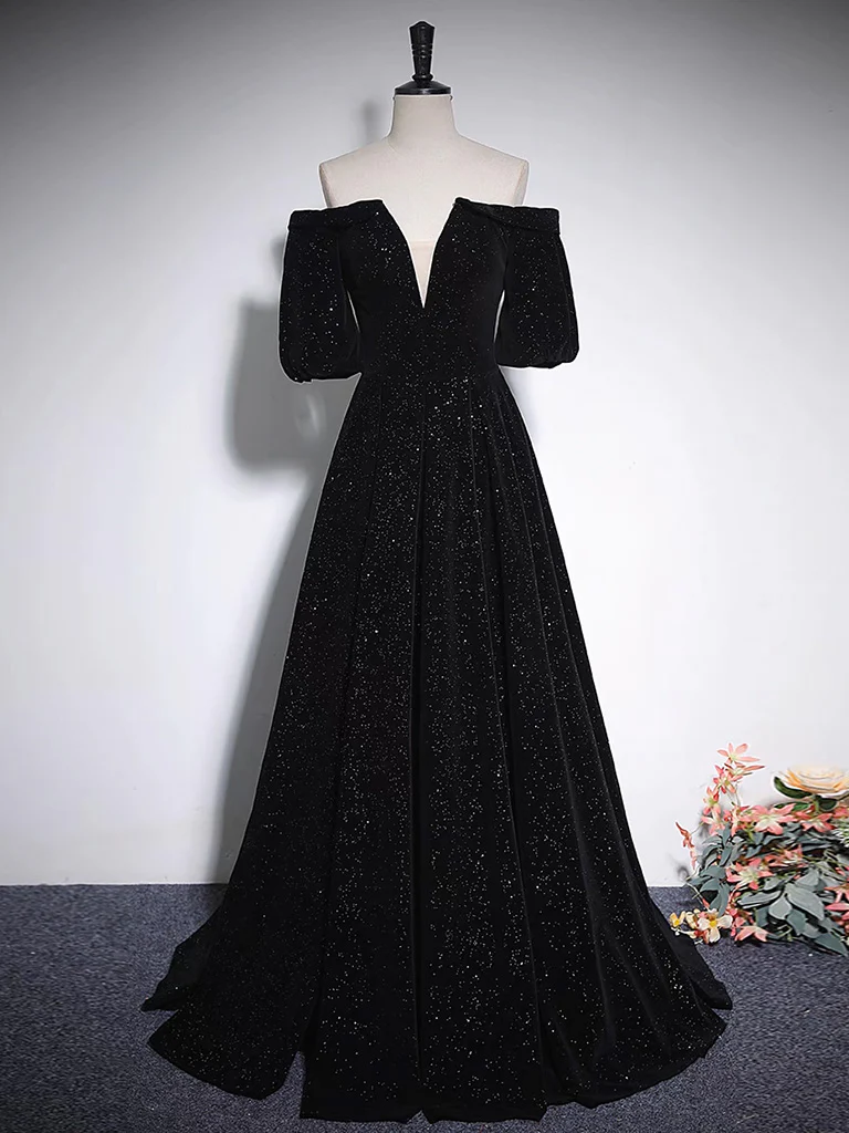 A-Line V Neck Velvet Black Long Prom Dress, Black Formal Evening Dress - Deanwangkt