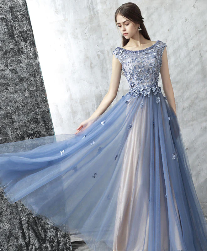 Blue Lace Applique Beads Tulle Long Prom Dress, Lace Evening Dress - Deanwangkt