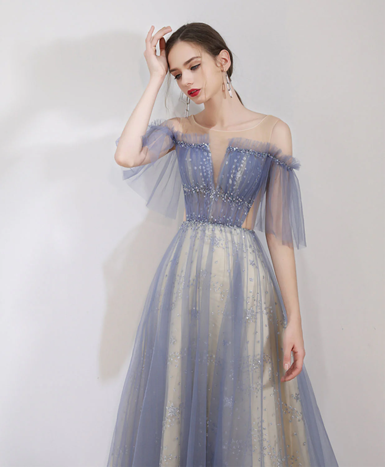 Blue Round Neck Tulle Lace Long Prom Dress, Blue Long Evening Dress - Deanwangkt