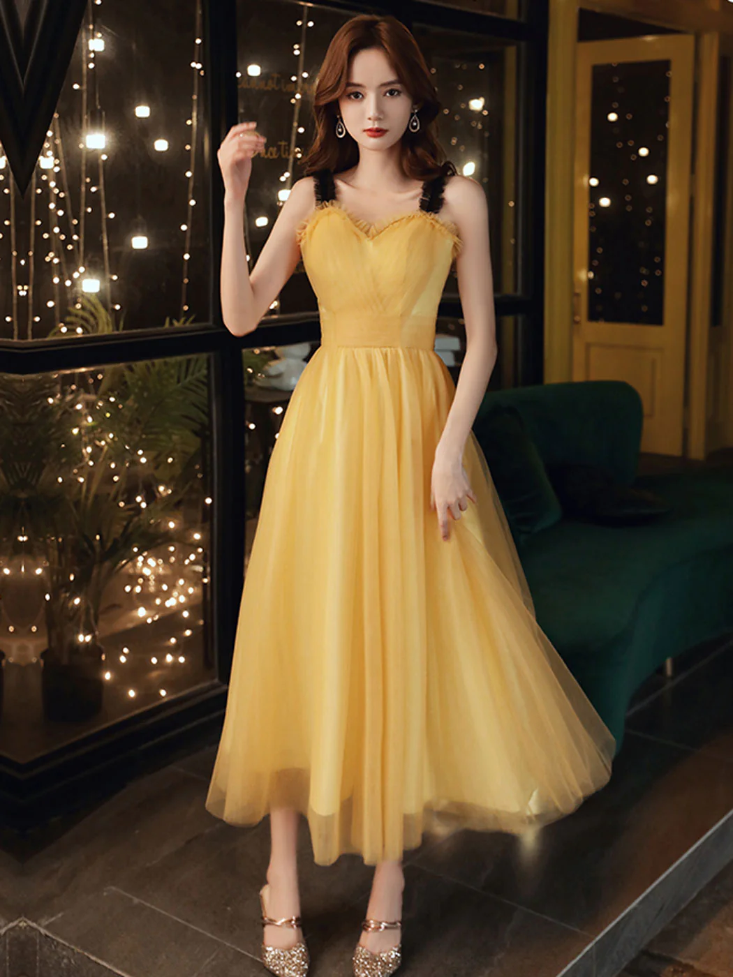 Simple Yellow Sweetheart Neck Tea Length Prom Dress, Yellow Formal Dress - Deanwangkt