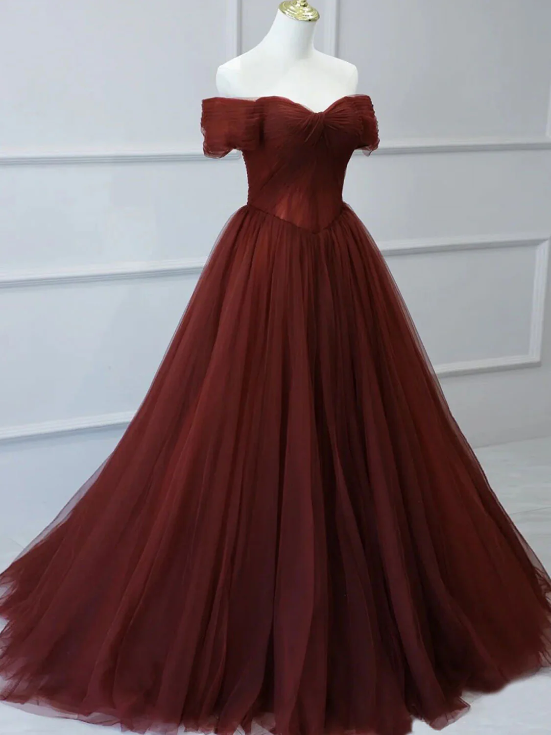Burgundy A line Tulle Long Prom Dresses, Burgundy Long Bridesmaid Dresses - Deanwangkt