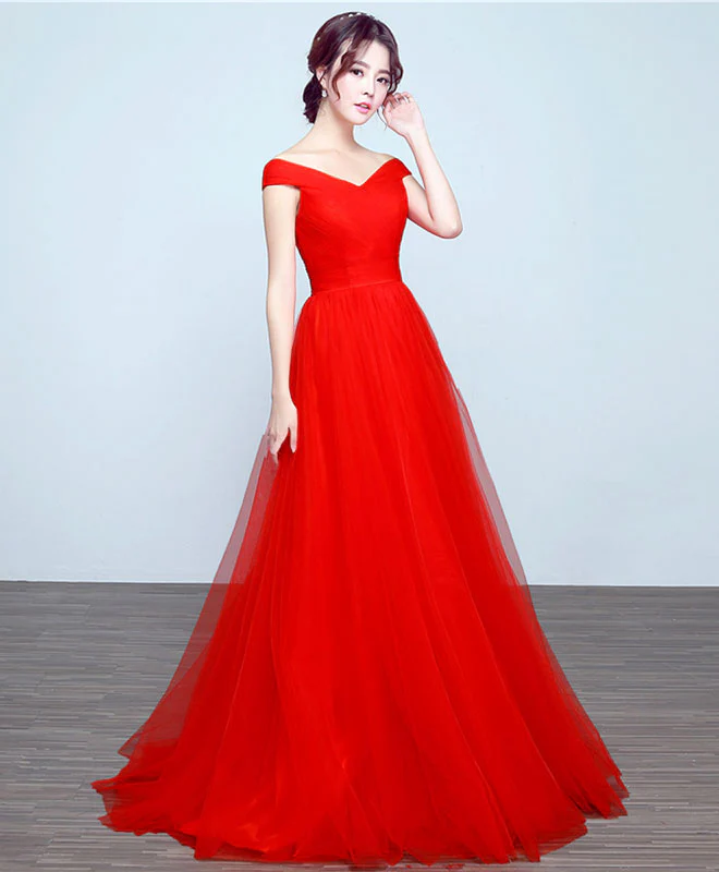 Simple V Neck Tulle A Line Long Prom Dress, Evening Dress - Deanwangkt