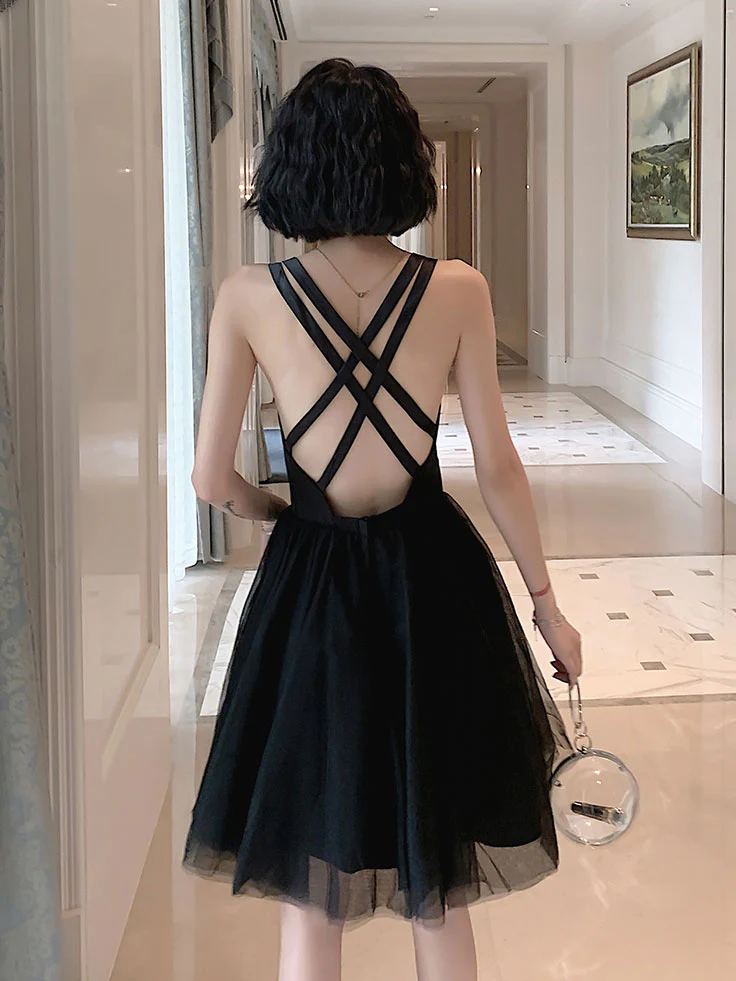 Black Backless Tulle Short Prom Dress, Black Homecoming Dresses - Deanwangkt