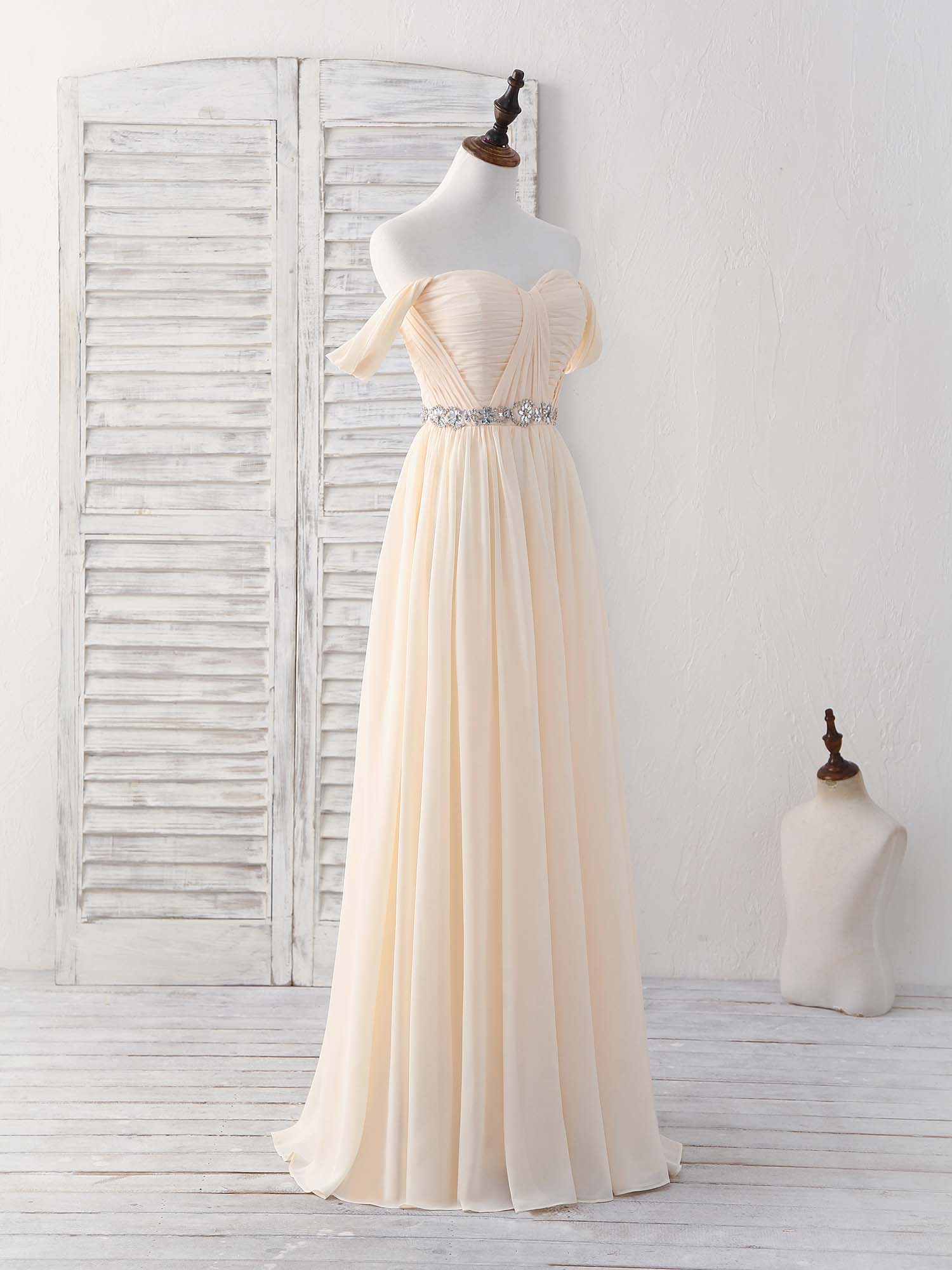 Champagne Chiffon Off Shoulder Long Prom Dress Bridesmaid Dress - Deanwangkt