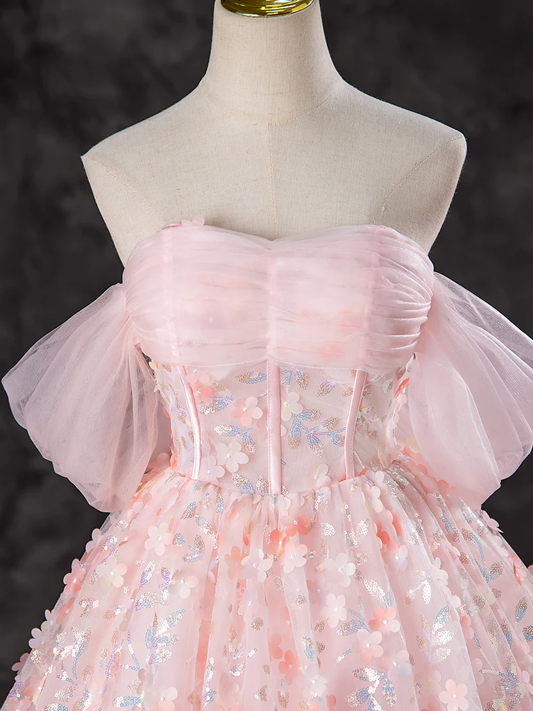 A-Line Off Shoulder Tulle Short Pink Prom Dress, Pink Homecoming Dress - Deanwangkt