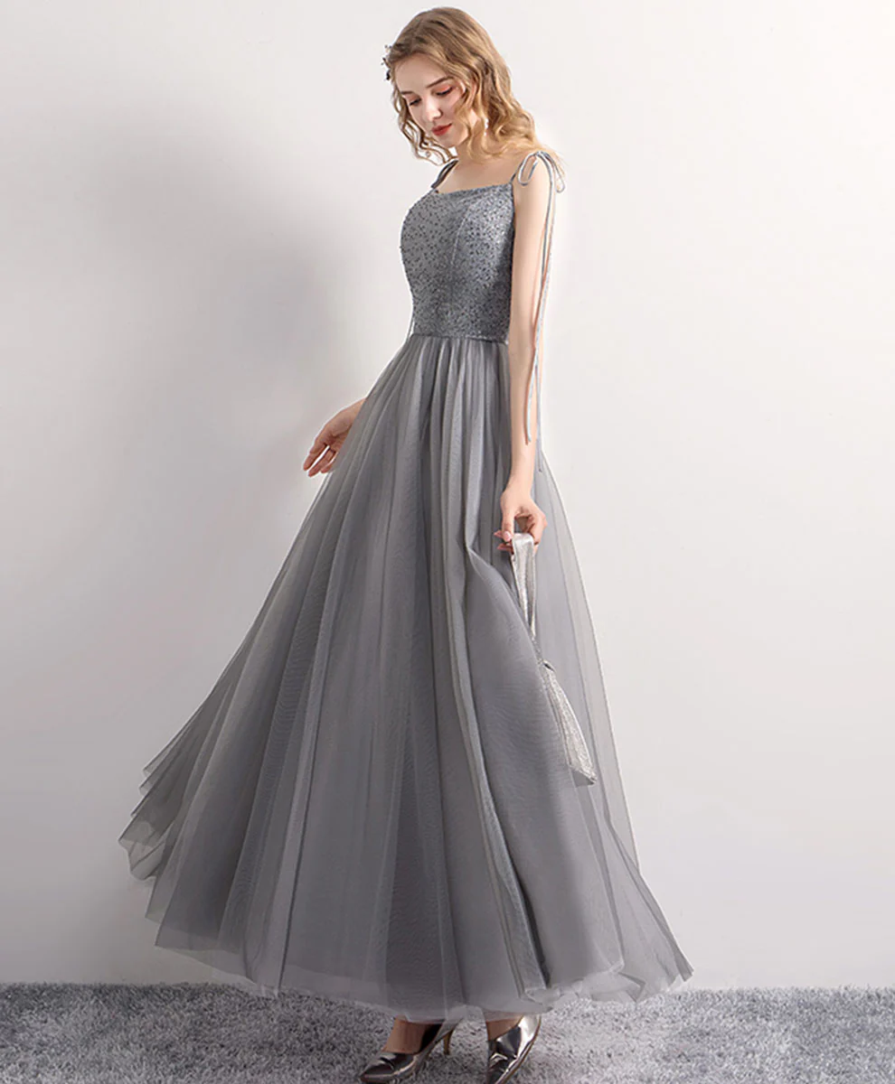 Gray Tulle Sequin Tea Length Prom Dress Gray Tulle Formal Dress - Deanwangkt