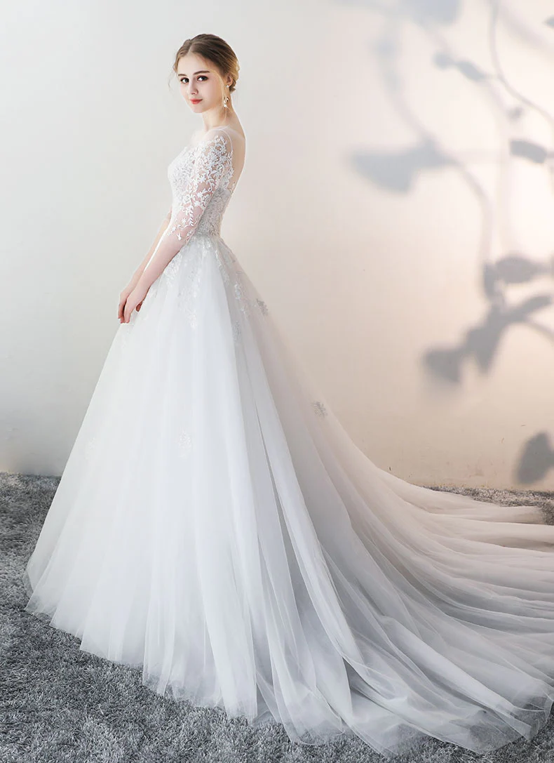 White Round Neck Tulle Lace Long Bridal Gown Lace Wedding Dress - Deanwangkt