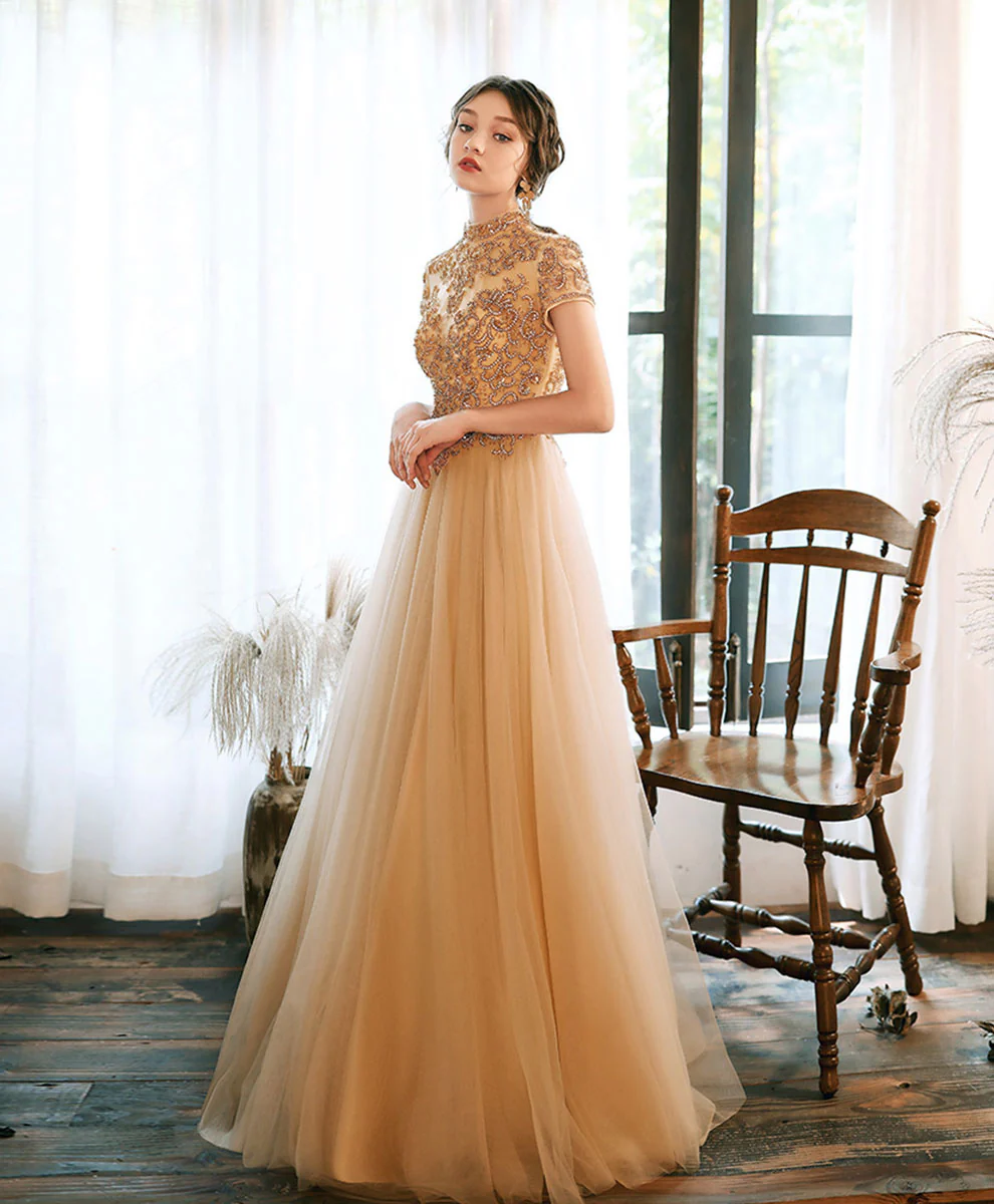 Champagne Tulle Beads Long Prom Dress Champagne Tulle Formal Dress - Deanwangkt