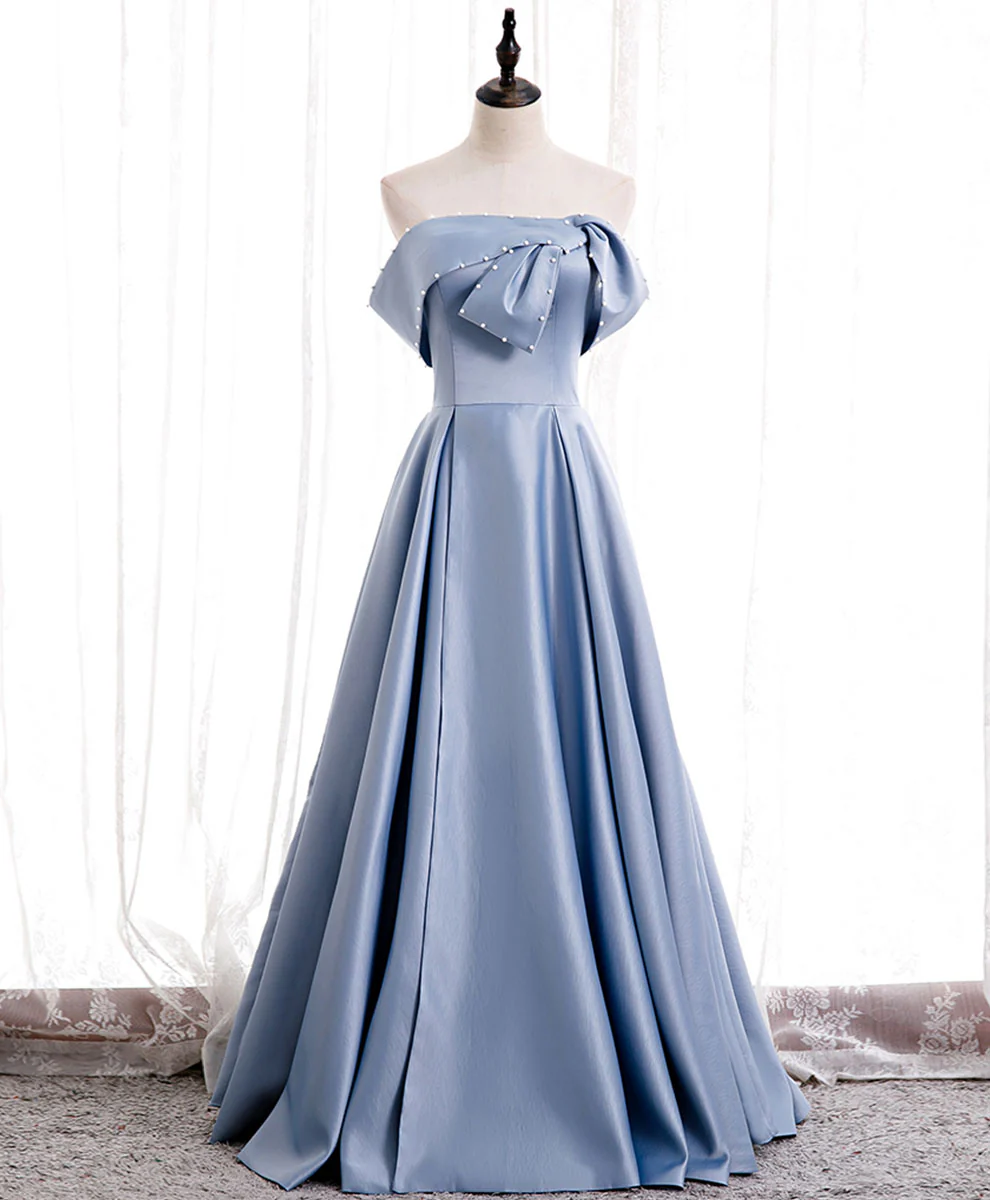 Simple Blue Off Shoulder Satin Long Prom Dress Blue Bridesmaid Dress - Deanwangkt