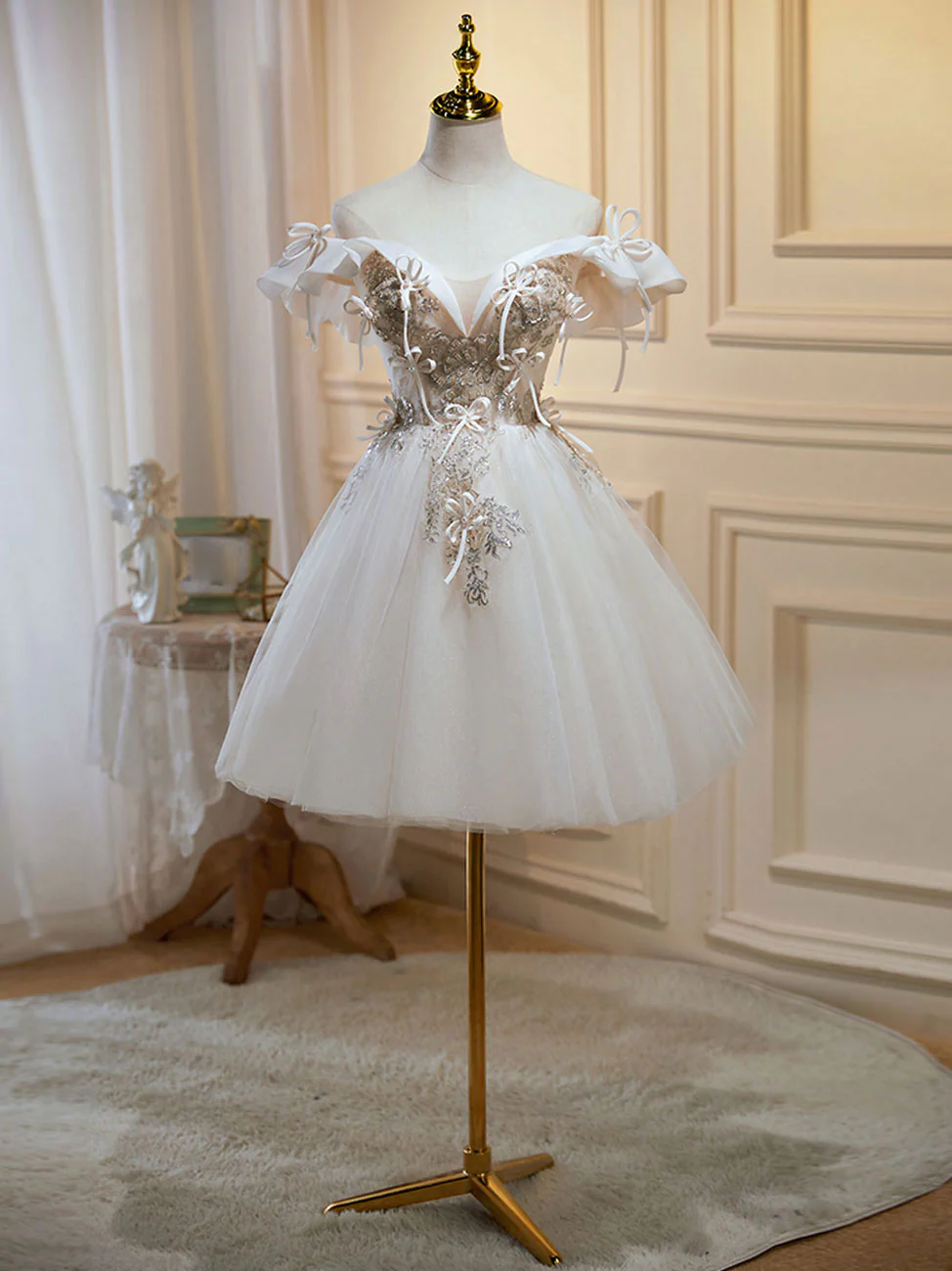 Mini/Short Light Champagne Prom Dress, Short Puffy Homecoming Dresses - Deanwangkt