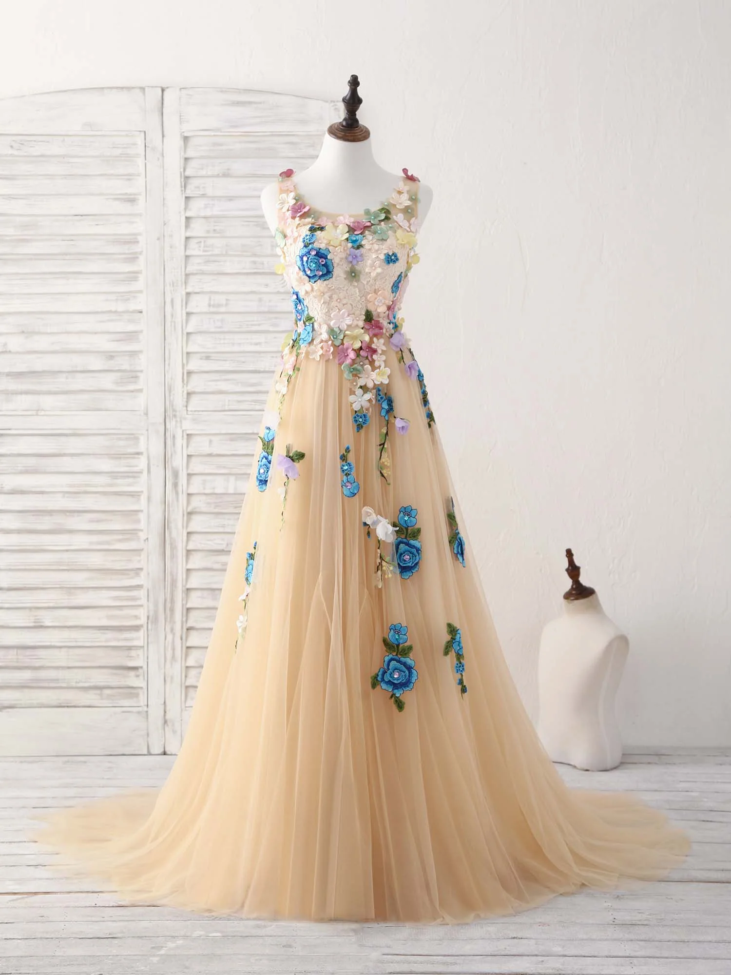 Tulle Lace Applique Long Prom Dress, Ivory Evening Dress - Deanwangkt
