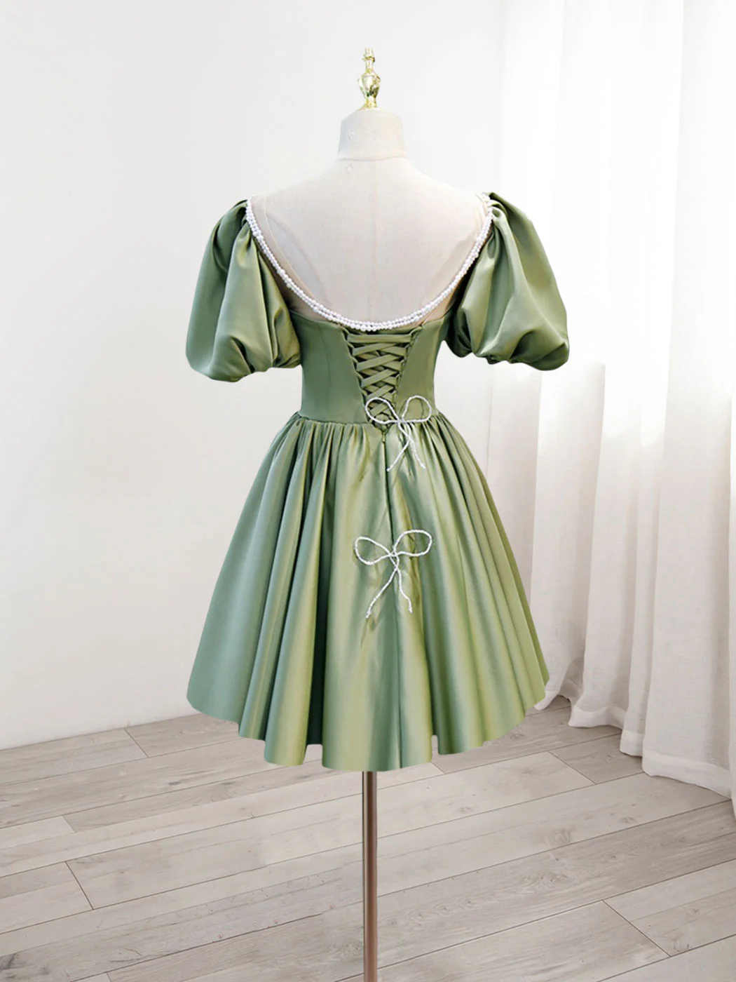 A-Line Green Puffy Sleeve Satin Short Prom Dress, Green Short Formal Dress - Deanwangkt