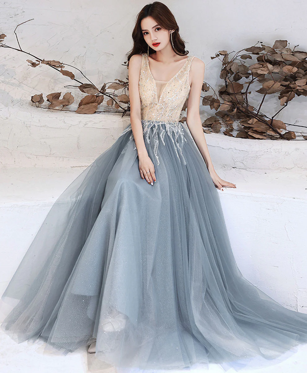 Gray Blue Tulle V Neck Sequin Long Prom Dress Blue Formal Evening Dress - Deanwangkt