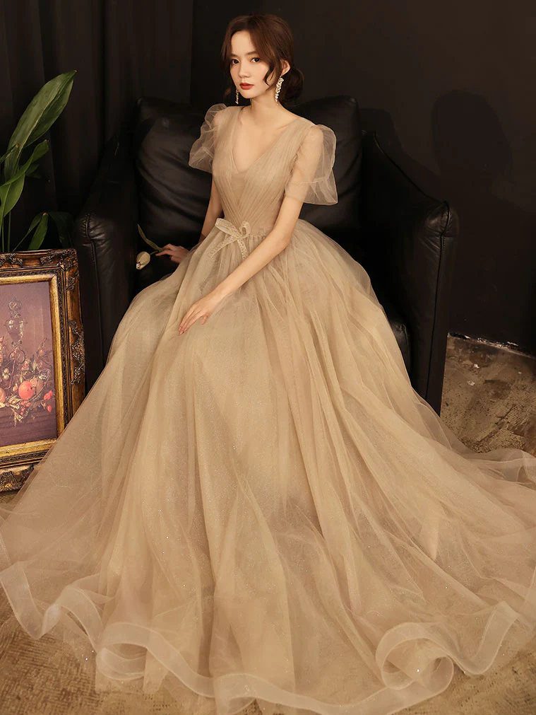 Simple A line Champagne Long Prom Dress, Champagne Bridesmaid Dress - Deanwangkt