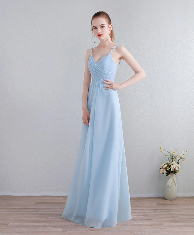 Light Blue V Neck Long Prom Dress, Lace Evening Dress - Deanwangkt