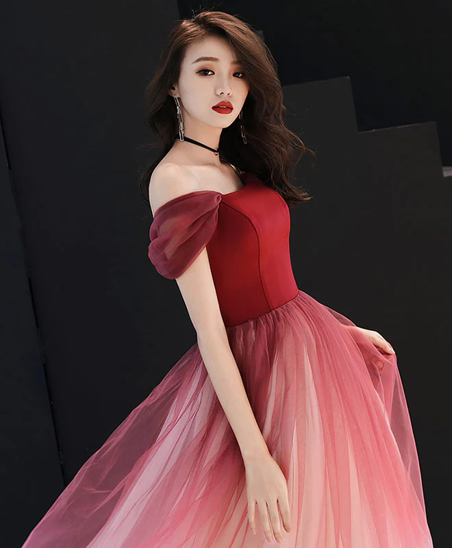 Unique Burgundy Off Shoulder Tulle Long Prom Dress, Burgundy Evening Dress - Deanwangkt