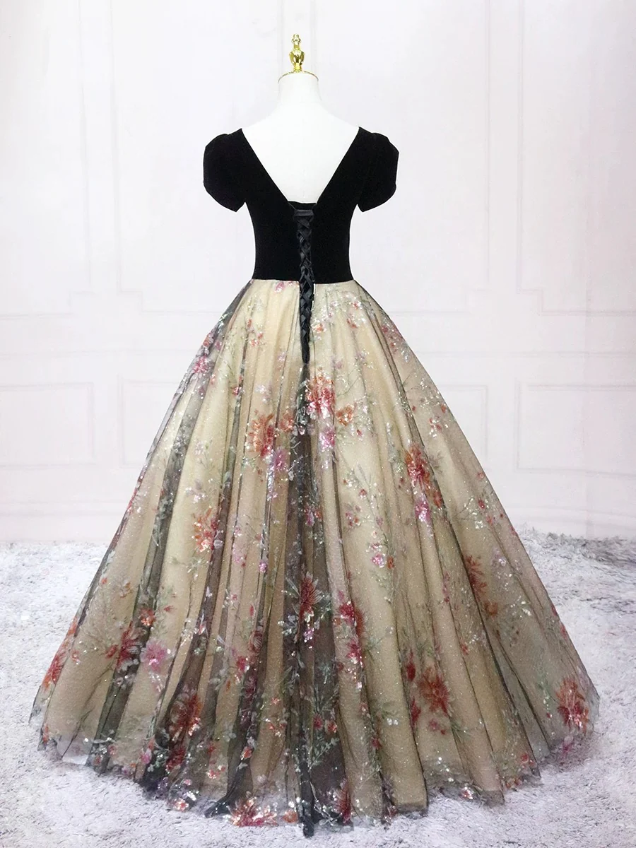 A-Line Tulle Lace Champagne/Black Long Prom Dress, Champagne/Black Formal Dress - Deanwangkt