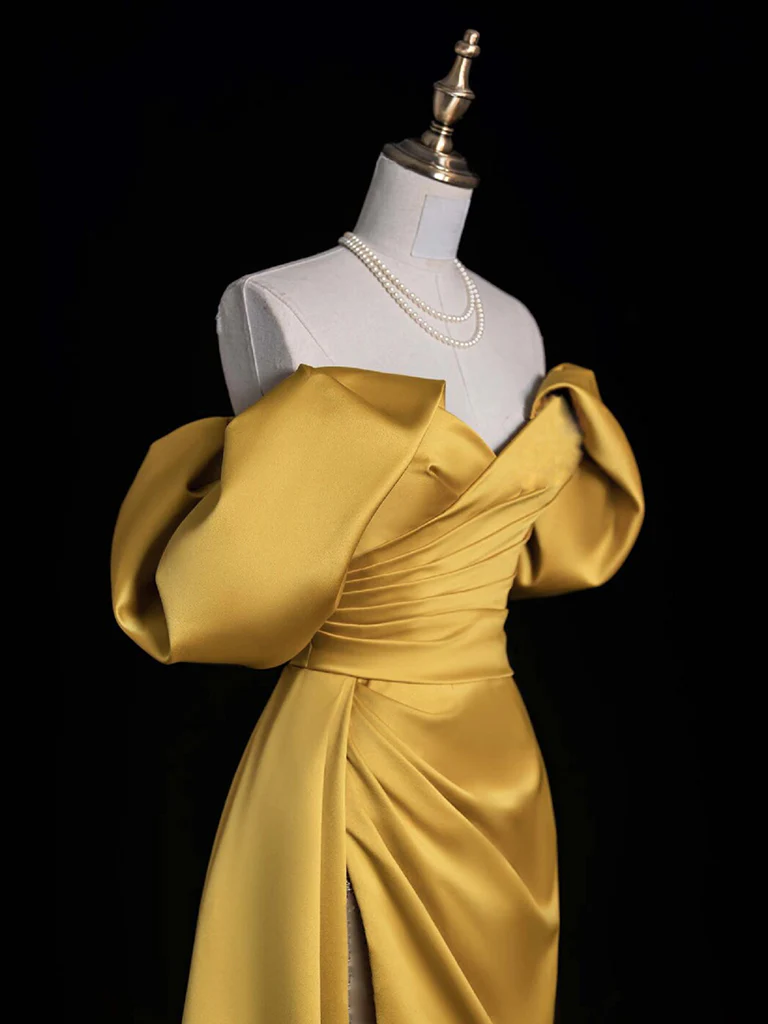 A-Line Off Shoulder Satin Gold Long Prom Dress, Gold Long Evening Dress - Deanwangkt