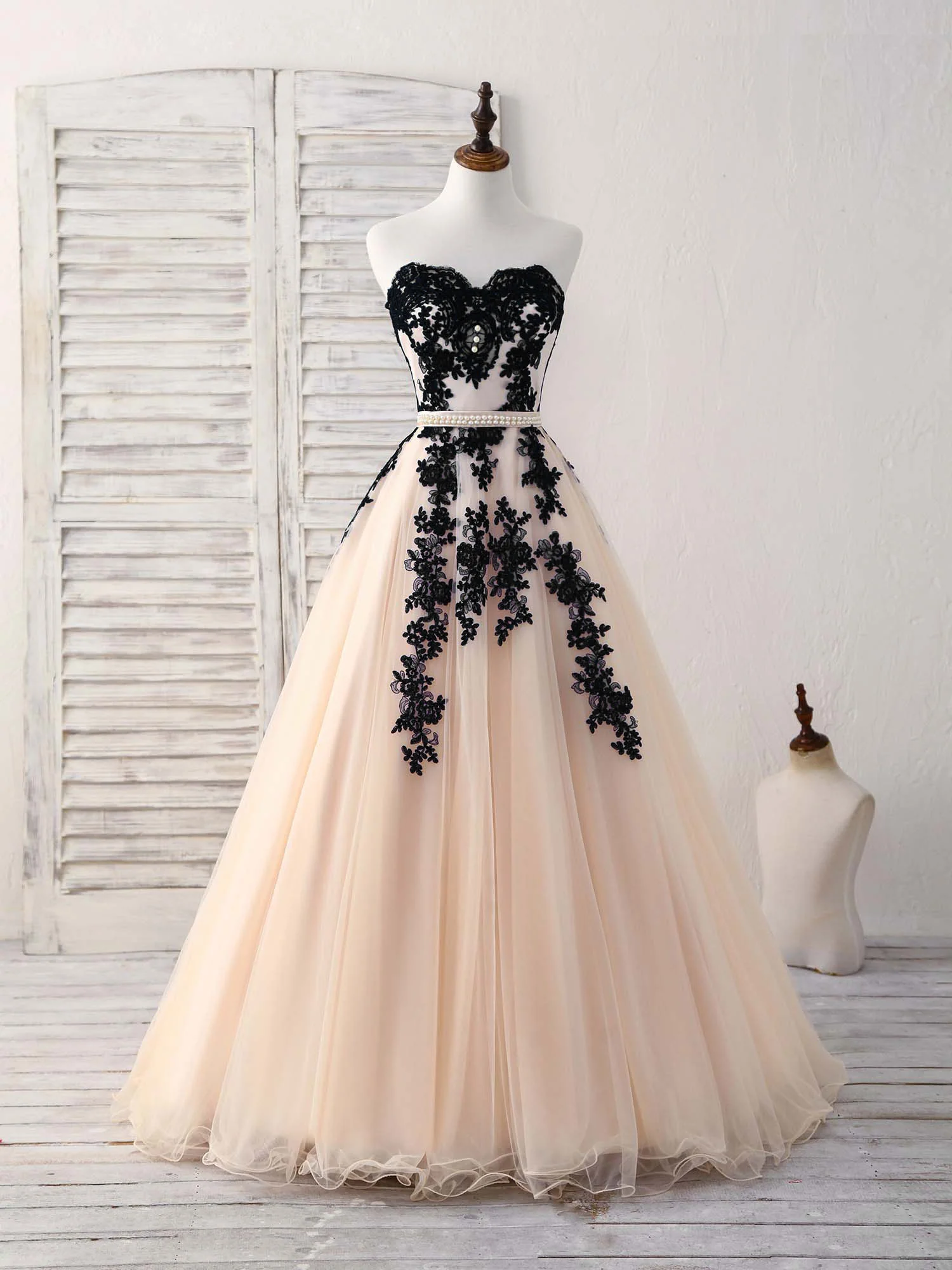 Black Tulle Lace Applique Long Prom Dress, Black Evening Dress - Deanwangkt