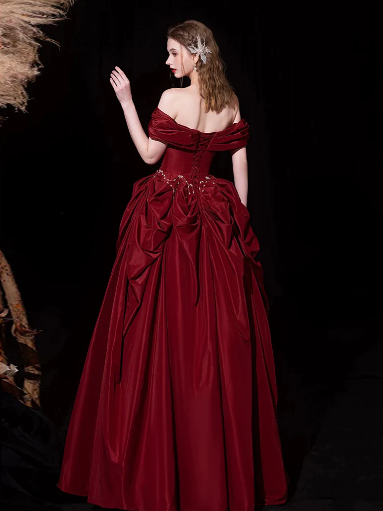 A-Line Off Shoulder Satin Burgundy Long Prom Dress, Burgundy Long Evening Dress - Deanwangkt
