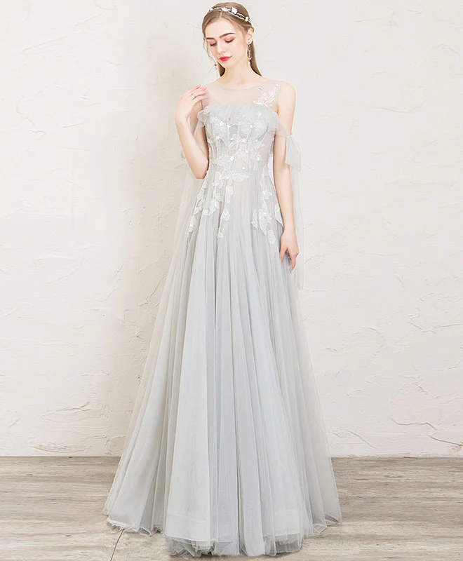 Gray Round Neck Tulle Lace Long Prom Dress, Gray Evening Dress - Deanwangkt