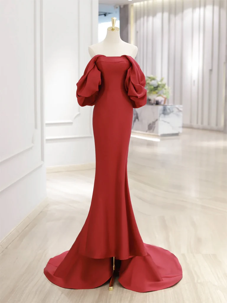 Simple Off Shoulder Satin Red Mermaid Long Prom Dress, Red Long Formal Dress - Deanwangkt