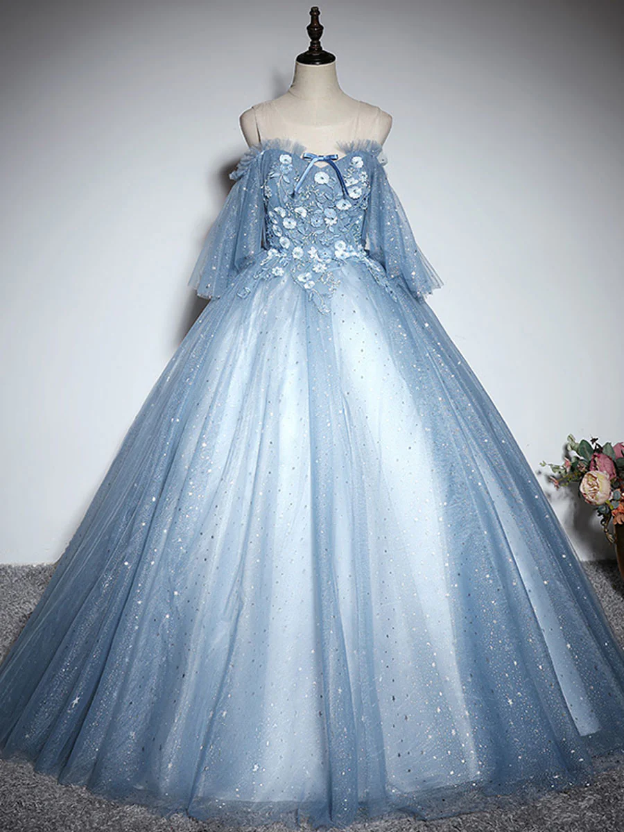 Blue Sweetheart Neck Tulle Lace Long Prom Dress, Blue Evening Dress - Deanwangkt