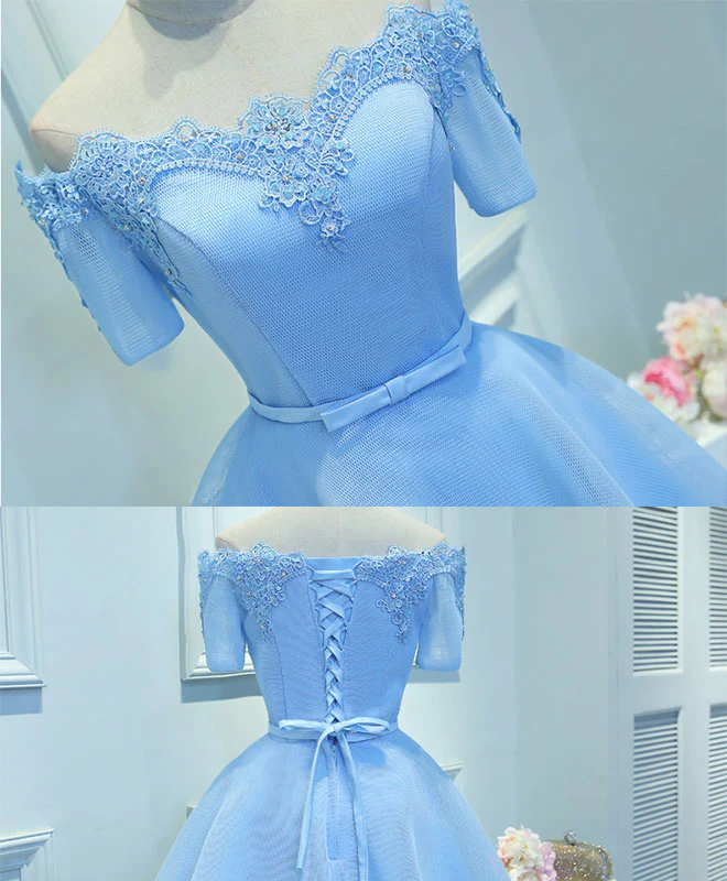 Blue A-Line Tulle Short Sleeve Lace Short Prom Dress, Blue Cute Homecoming Dress - Deanwangkt