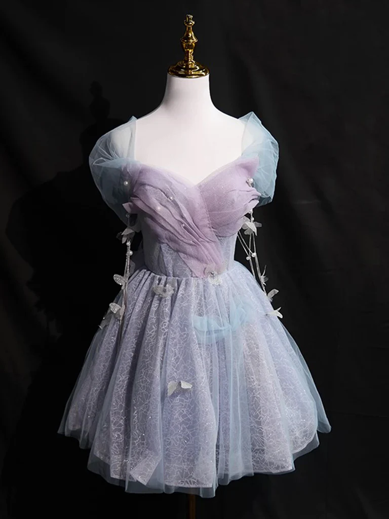 A-Line Off Shoulder Tulle Purple Short Prom Dress, Purple Homecoming Dress - Deanwangkt