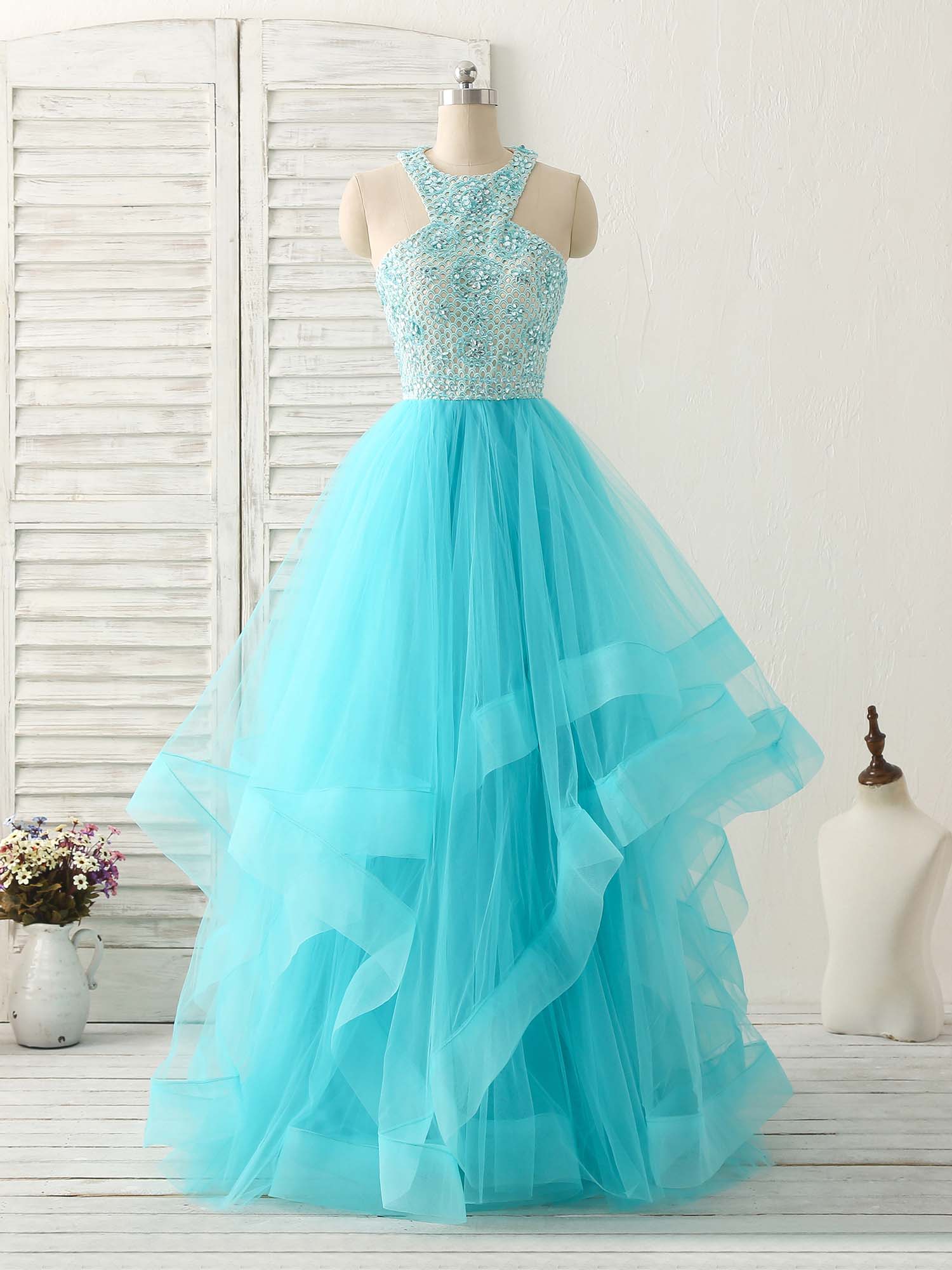 Blue High Neck Tulle Long Prom Dress Blue Evening Dress - Deanwangkt