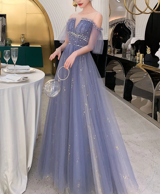 Blue Tulle Lace Long Prom Dress Blue Tulle Lace Evening Dress - Deanwangkt