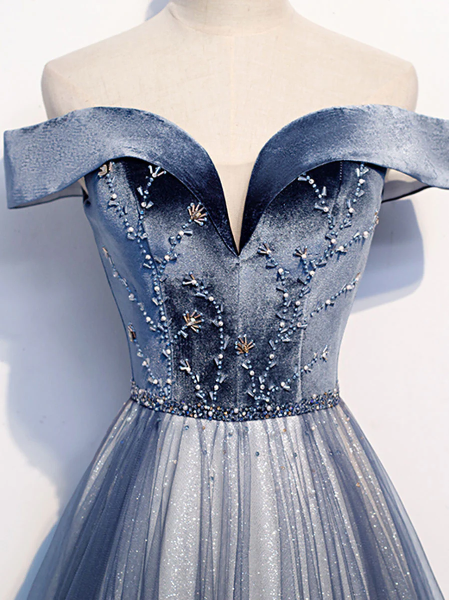 Blue Tulle Beads Long Prom Dress, Blue Tulle Formal Dress - Deanwangkt
