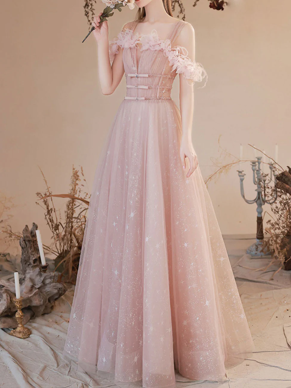 A Line Pink Long Prom Dresses, Off Shoulder Pink Formal Dress with Beading Flowers - Deanwangkt