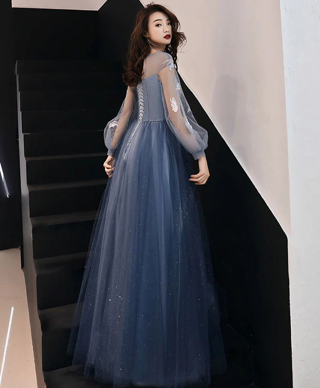 Blue Round Neck Tulle Lace Long Prom Dress Blue Formal Dress - Deanwangkt